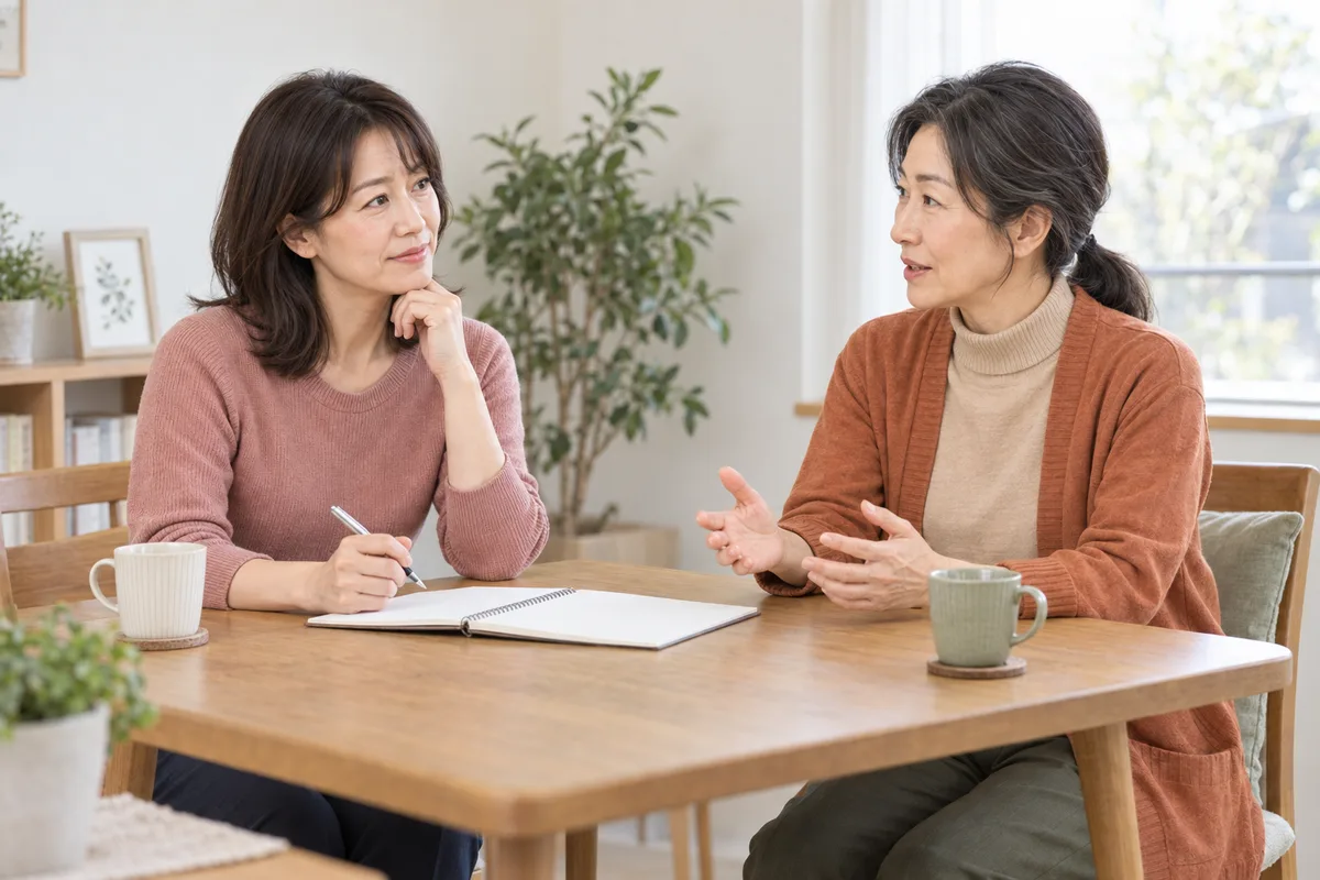 机を囲んで相談内容を確かめるサチと案内役のミチル