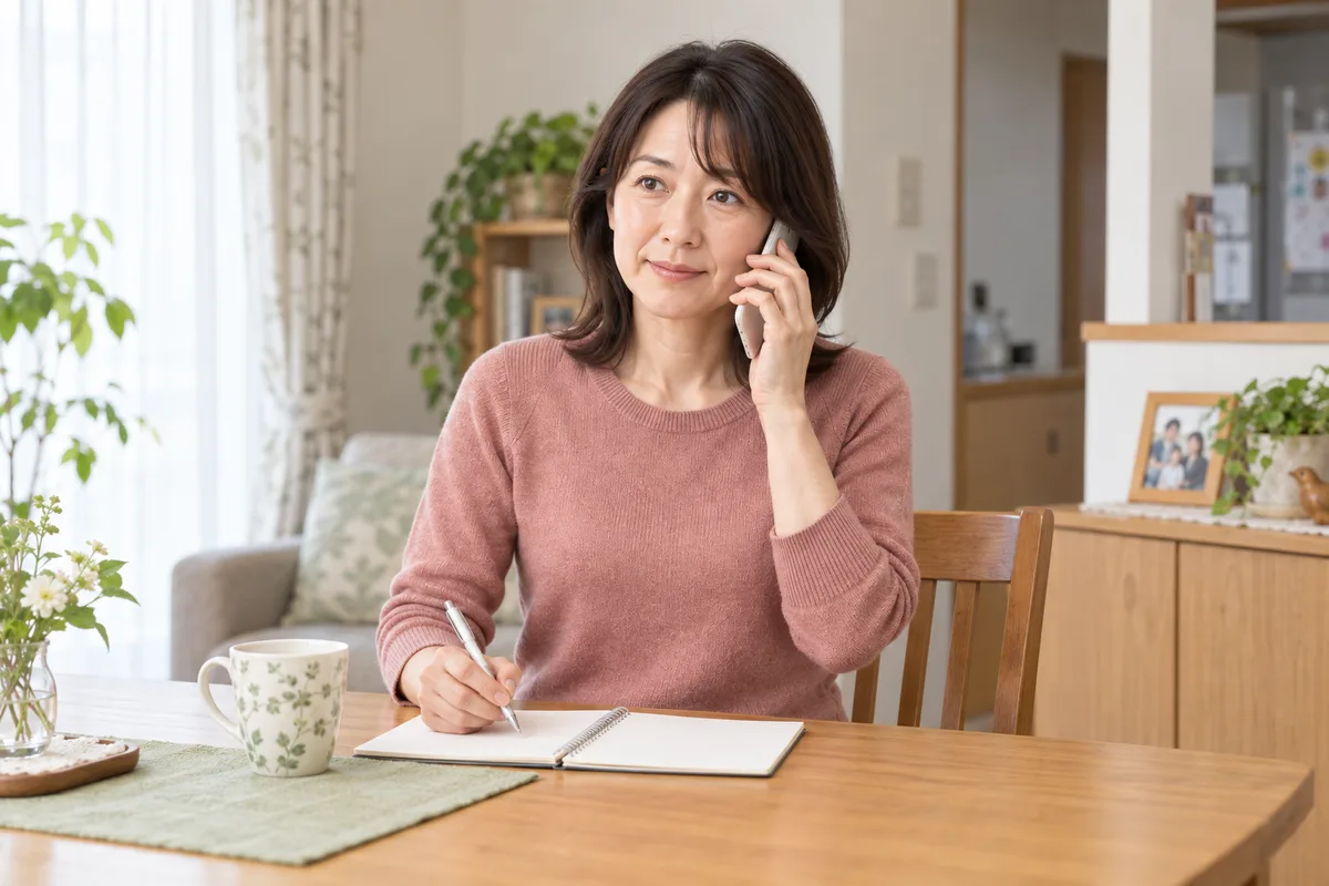 自宅でメモを用意して電話相談をするサチ