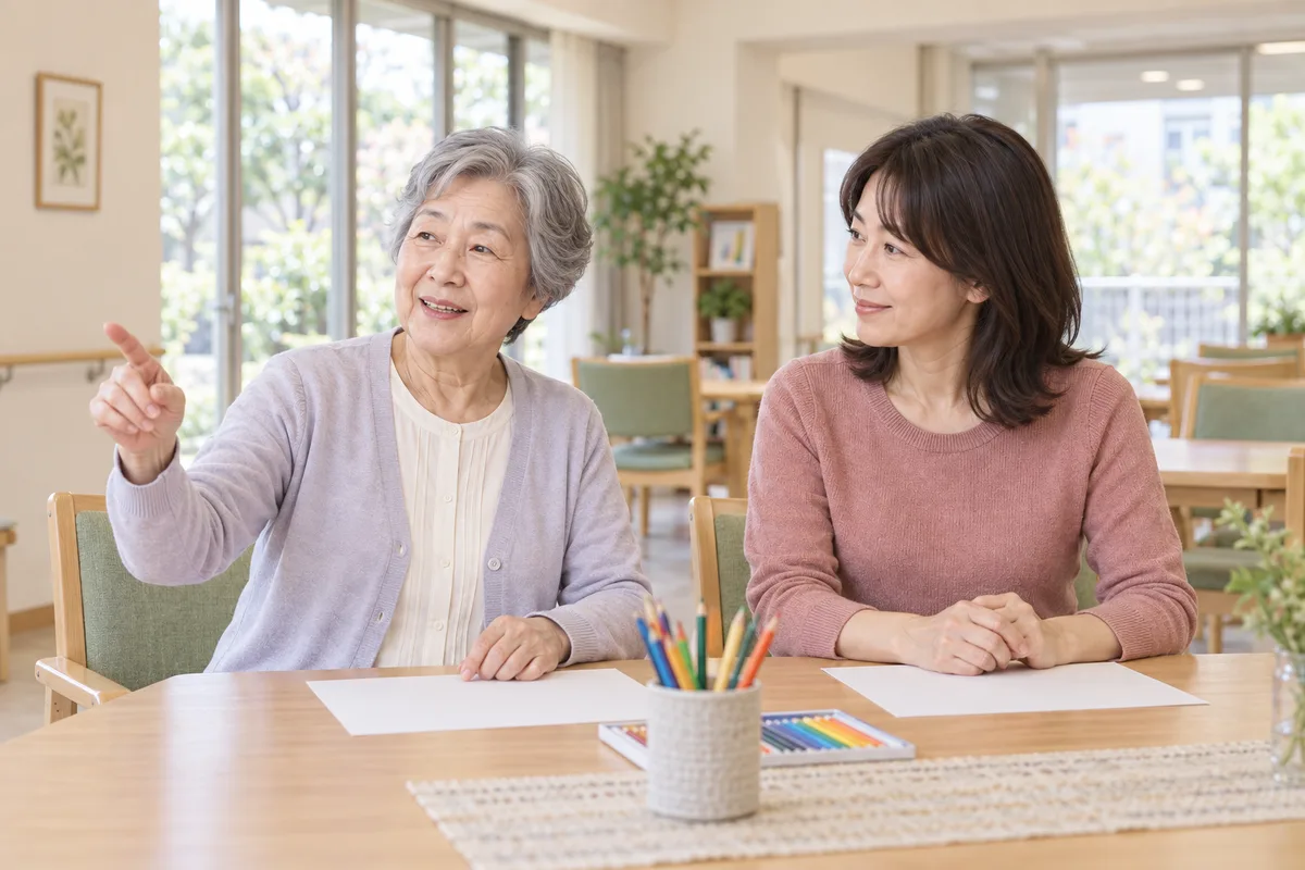明るい通いの場で過ごし方を確かめるカズコとサチ