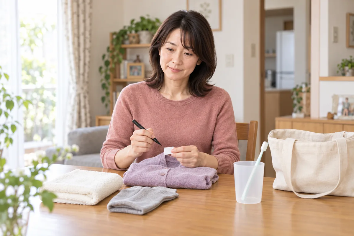 食卓で着替えのタグに名前を書こうとするサチ