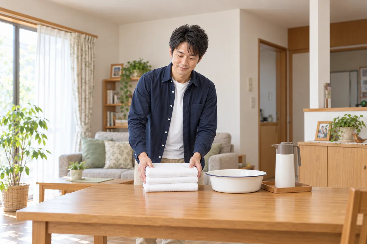 居間の机に、たたんだタオルと洗面器を並べるナオキ