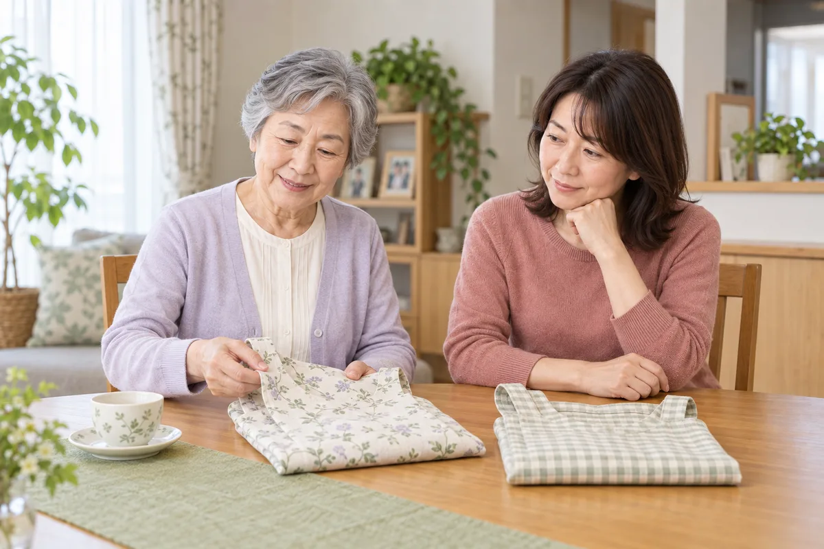 食卓で、たたんだエプロンの柄を選ぶカズコと、隣で見ているサチ