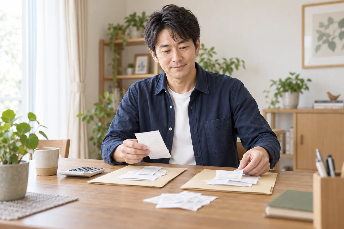 領収書をまとめて支払額を確かめるナオキ