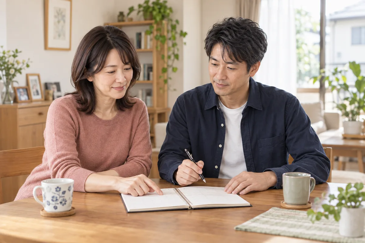 予定表を見ながら家族の分担を話し合うサチとナオキ