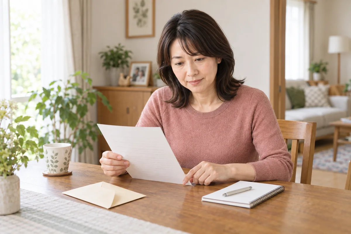 届いた通知と手元のメモを見比べるサチ