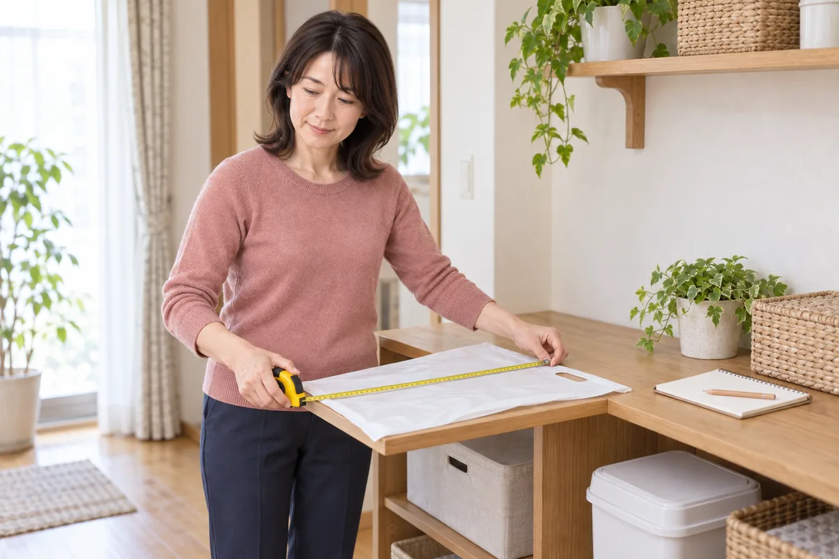 収納棚の前で、袋の大きさを巻尺で確かめるサチ