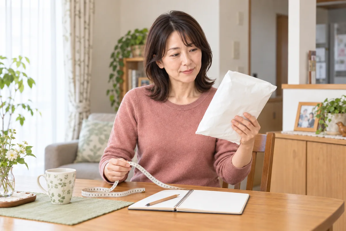 居間の机に巻き尺とメモ帳を置き、無地の袋を手に取って見るサチ