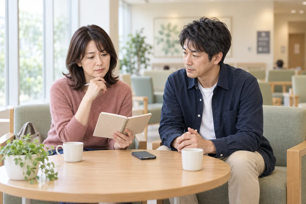病院の待合スペースで連絡先のメモを確認するサチと弟のナオキ