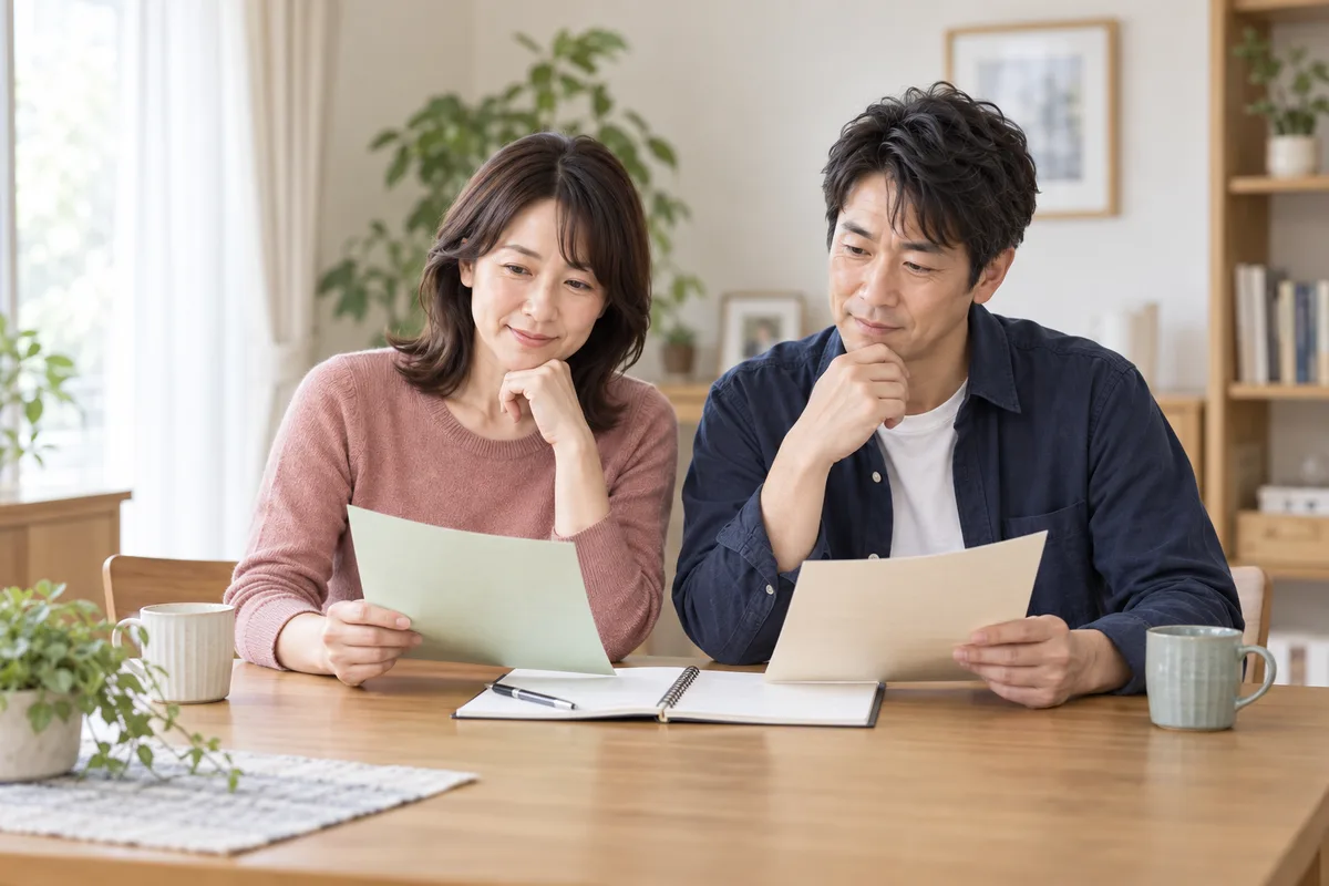 資料を並べて住まいの選択肢を話し合うサチとナオキ