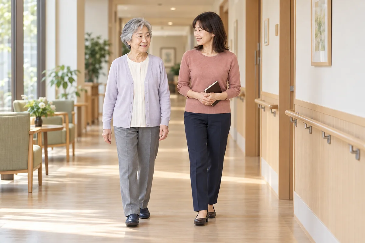 手すりのある廊下を見学するサチとカズコ