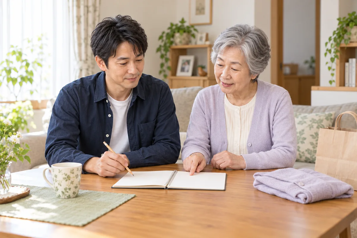居間の机で、退院後に使う物のメモを見ながら話すナオキとカズコ