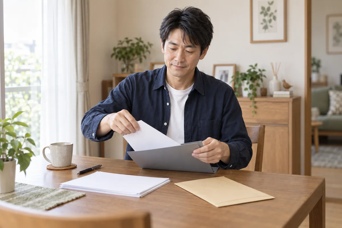 申請に使う書類と封筒を机に並べるナオキ